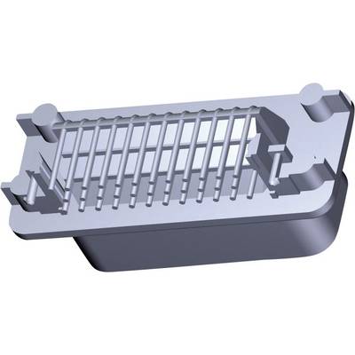3D model obdĺžnikového konektorového prvku s viacerými paralelne usporiadanými kontaktmi. Konektor má zaoblené rohy a je sivej farby.