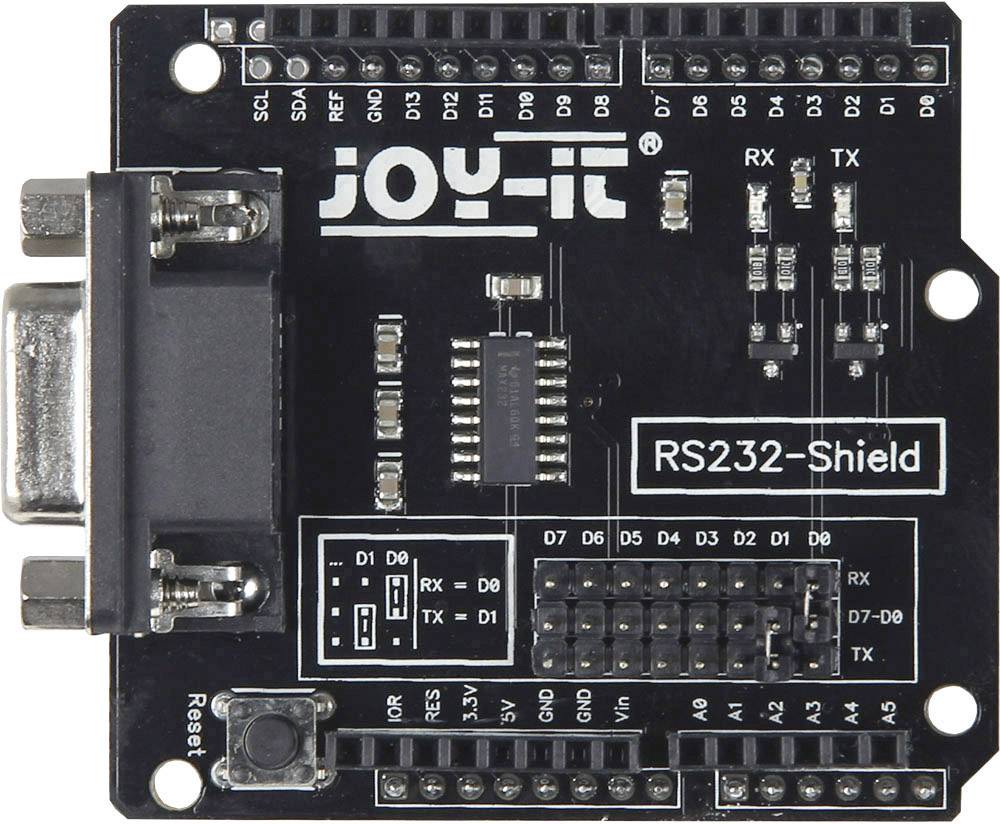 Čierne RS232-shield s rôznymi konektormi a pinmi pre pripojenie k mikrokontolérom, s označením 'joy-it'.