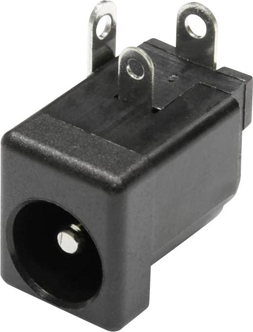 Čierna DC zásuvka s tromi kovovými kontaktmi, vhodná na pripojenie napájacích adaptérov k elektronickým zariadeniam.