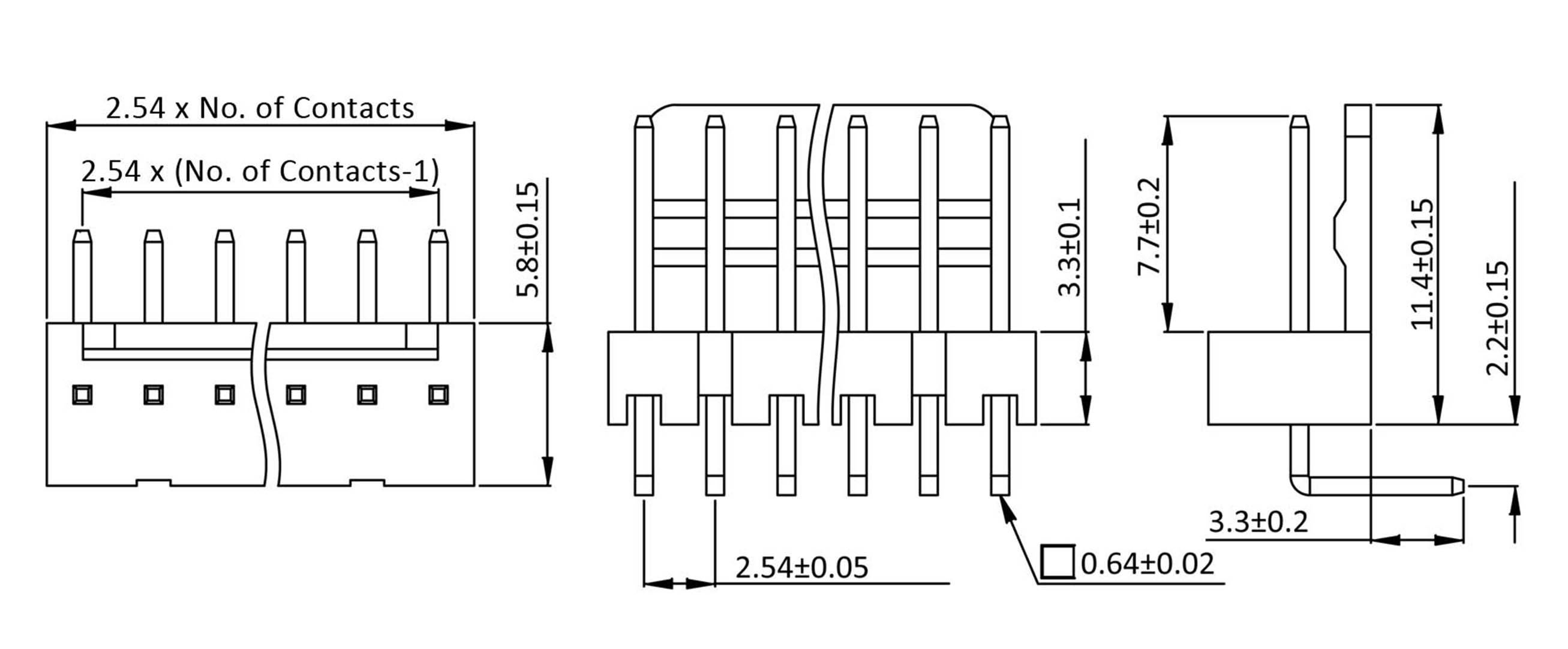 Detaily konektora: Rozmery sú 5,8 mm dĺžka, 3,3 mm šírka, 2,2 mm výška. Vzdialenosť medzi kontaktmi je 2,54 mm.
