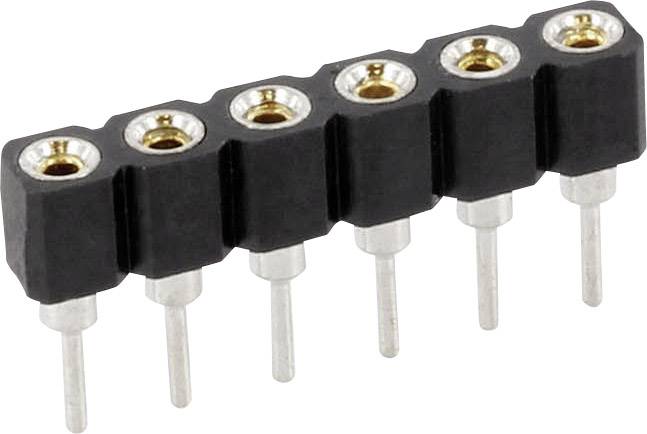 Jednostranný pinový konektor s piatimi pinmi, čiernym plastovým krytom a zlatými vnútornými kontaktmi, typický elektronický komponent.