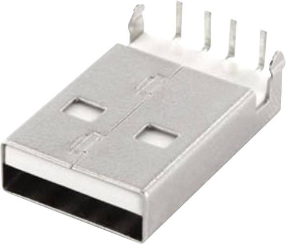 Strieborný USB konektor, obdĺžnikový a plochý, so štyrmi kontaktmi na vrchu, určený na prenos dát a napájanie zariadení.