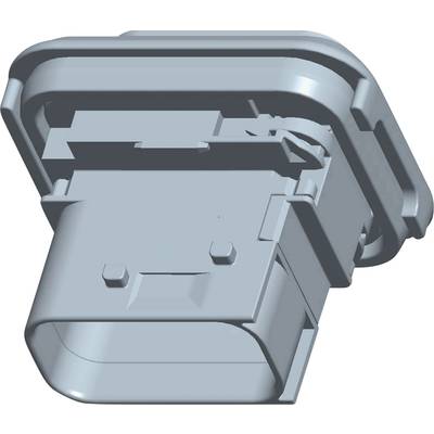 3D model obdĺžnikového konektora s ochranným krytom a uzamykacím mechanizmom, znázornený v odtieňoch sivej.
