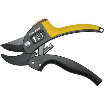 Čierno-žlté záhradné nožnice s pákovým mechanizmom a ergonomickou rukoväťou, vhodné na presné strihanie konárov a rastlín.
