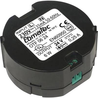 Čierne valcovité elektrické zariadenie so špecifikáciami: Vstup 230V, 135mA, 50-60Hz. Výstup 24V, 0,25A, 6W.