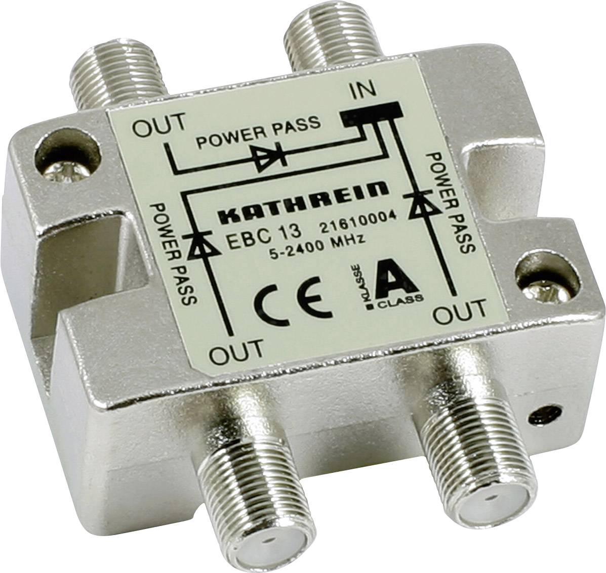Káblovod od Kathrein s tromi prípojkami označenými ako 'OUT', 'OUT' a 'IN'. Frekvenčný rozsah 5-2400 MHz.