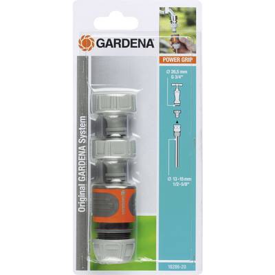 Sada Gardena na pripojenie hadice, pozostávajúca z dvoch sivých plastových spojok a oranžového adaptéra, dizajn Power Grip.