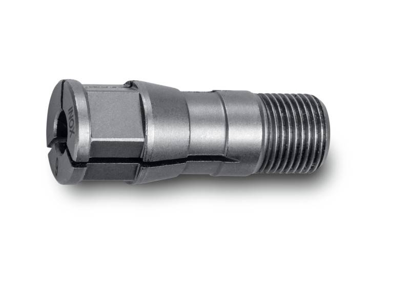 Kovový nástrčný držiak so závitom a upínacou svorkou, pred bielym pozadím. Používa sa na upevnenie v mechanických aplikáciách.