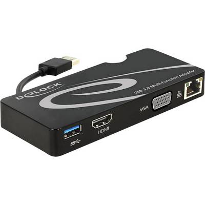 USB 3.0 multifunkčný adaptér s portmi pre HDMI, VGA, USB a Ethernet.