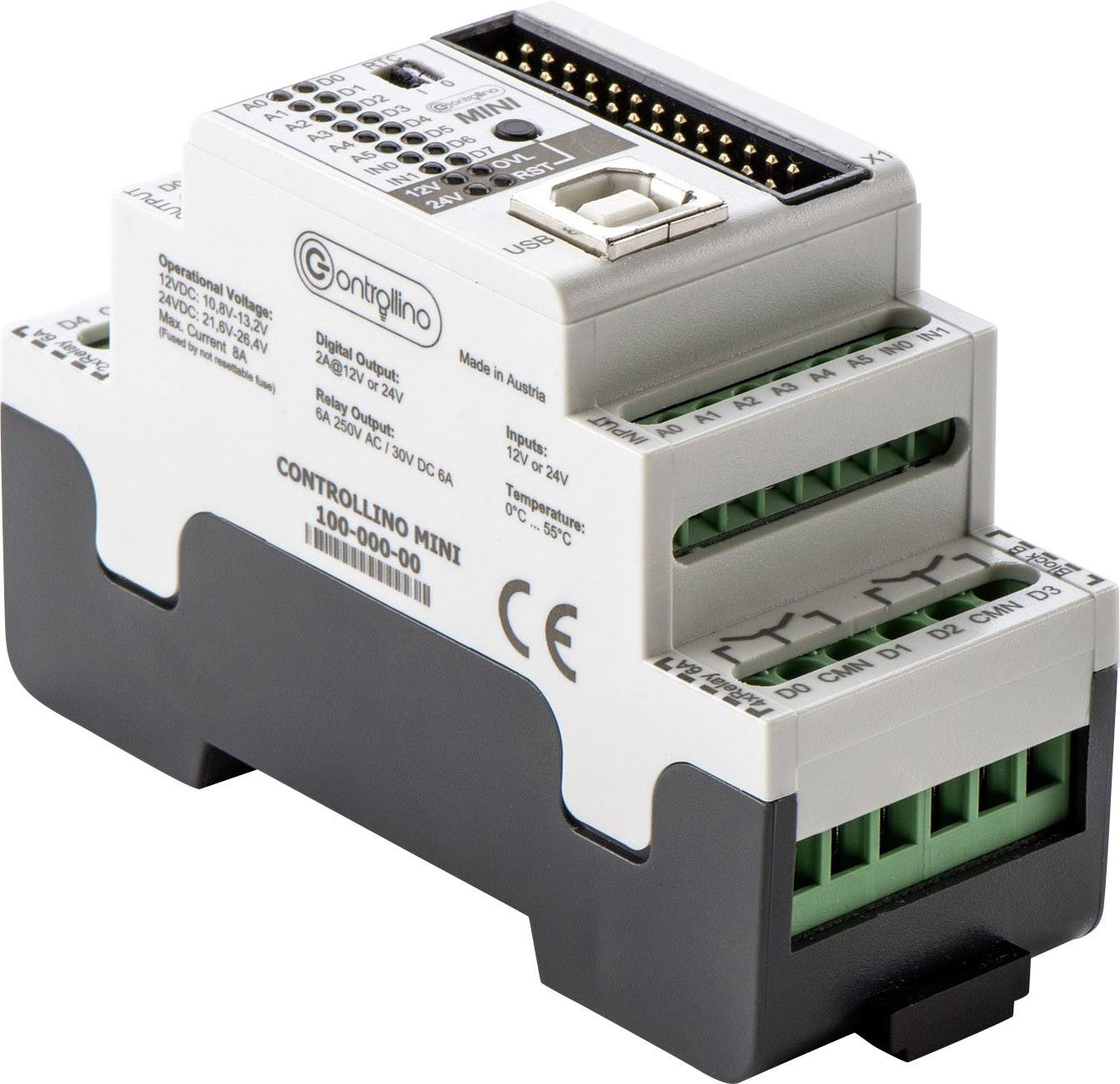Programovateľný logický kontrolér (PLC) na DIN lište pre montáž na priemyslovú lištu, s USB a Ethernetovými prípojkami a viacerými svorkami.