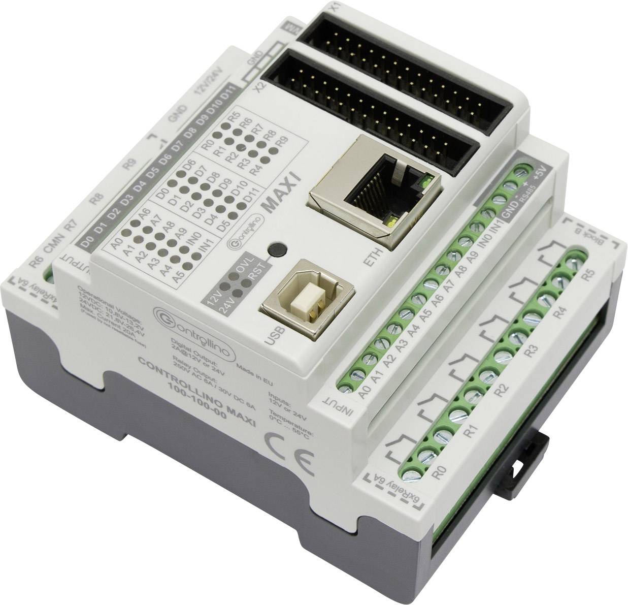 Sivé elektrické riadiace zariadenie s viacerými prípojkami a USB a ethernetovým portom, označené ako 'CONTR100-LD-MAXI'.