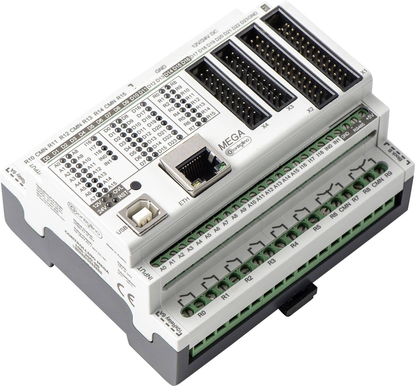 Elektronická riadiaca jednotka, pravdepodobne PLC (programovateľný logický kontrolér), s viacerými prípojnými bodmi a označeniami určená na inštaláciu do rozvádzača.