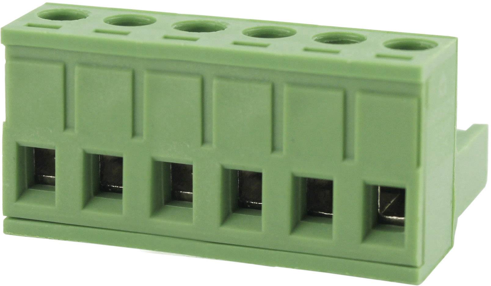 Zelený konektor s piatimi vstupmi, často používaný v elektronických obvodoch na prepojenie drôtov.