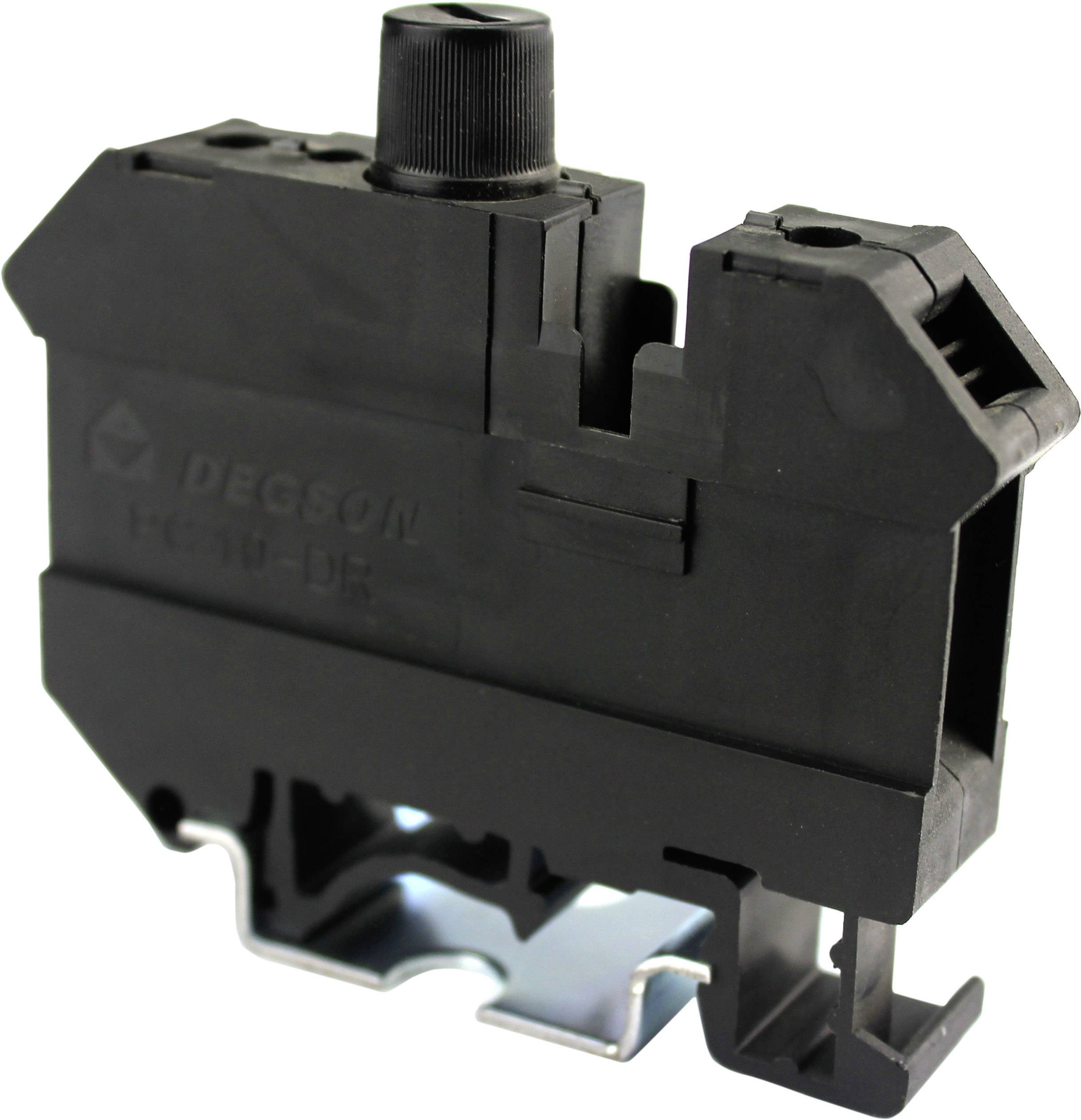Čierna elektrická svorkovnica od Degsonu, vhodná pre montáž na DIN lištu, so skrutkovým spojením zhora, určená pre elektrické zapojenia.