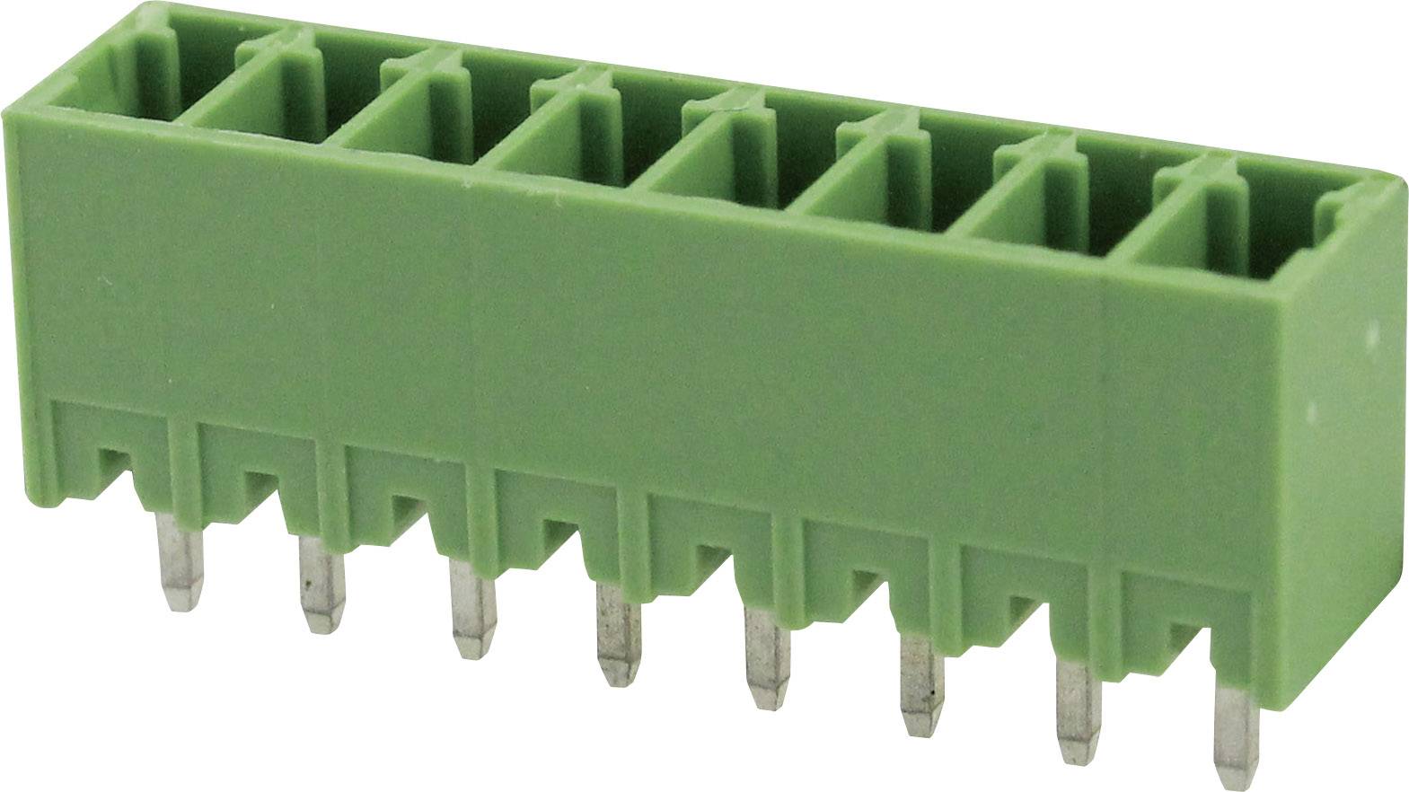 Zelený konektor s desiatimi kovovými pinmi, používaný pre elektronické obvody.
