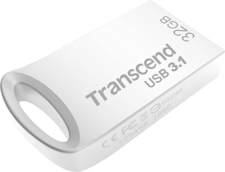Biely USB kľúč s nápisom 'Transcend USB 3.1', s kapacitou 32 GB. Kompaktný a bez krytky.