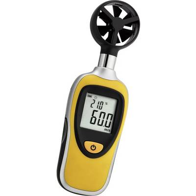 Žltý prenosný anemometer s digitálnym displejom ukazuje 21°C a rýchlosť vzduchu 6,0 m/s. Hore je viditeľný ventilátor.
