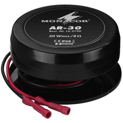 Čierny reproduktor, model 'AR-30', s červenými a čiernymi káblami. Označenia pre 30 WMAX/8 ohmov a certifikácia CE-IP68.
