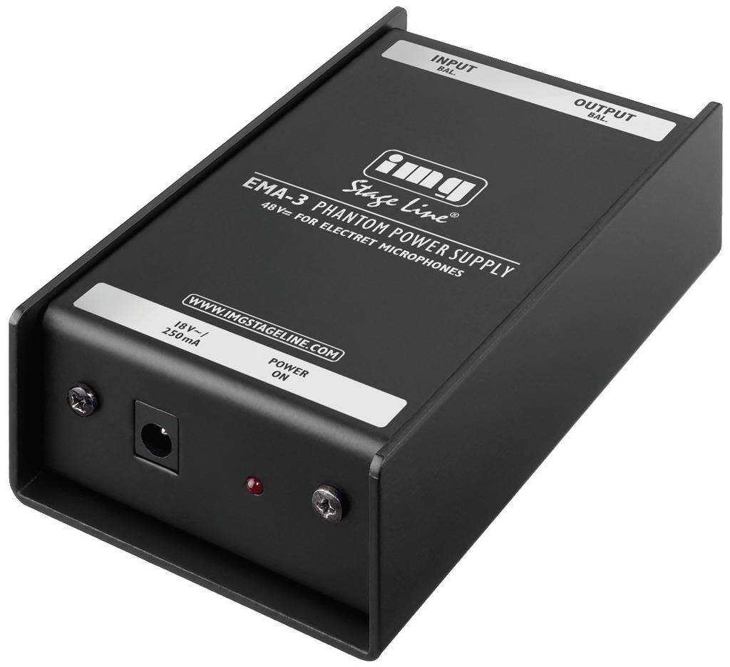 Čierna fantómová napájacia jednotka pre elektretové mikrofóny so vstupnými a výstupnými konektormi, model EMA-3.