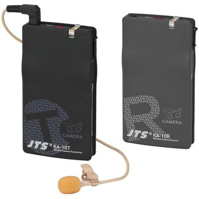 Dva čierne bezdrôtové mikrofónové prijímače a vysielače značky JTS, model KA-10T a KA-10R, vrátane mikrofónu a kábla.