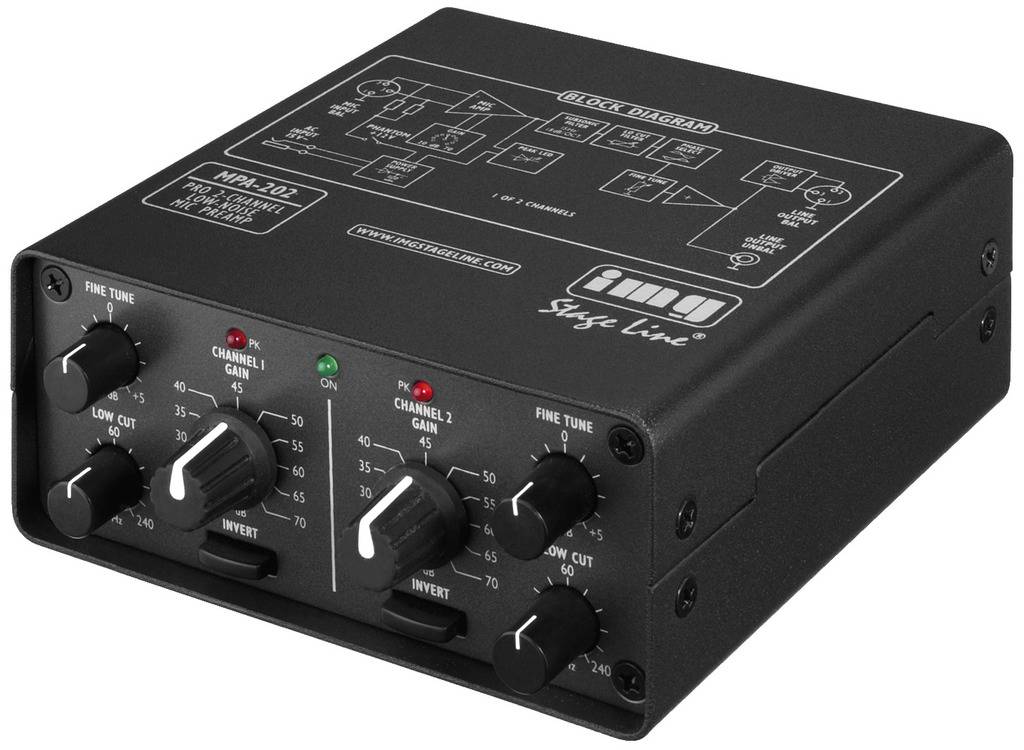 Čierny audio mixér s tromi otočnými gombíkmi a prepínačmi pre jemné nastavenie a ovládanie kanálov. Schéma hore znázorňuje funkčné rozloženie.