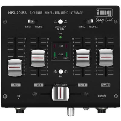 Čierne audio rozhranie s viacerými regulátormi a prepínačmi pre kanály a mikrofóny. Označené ako 'MPX-20USB'.