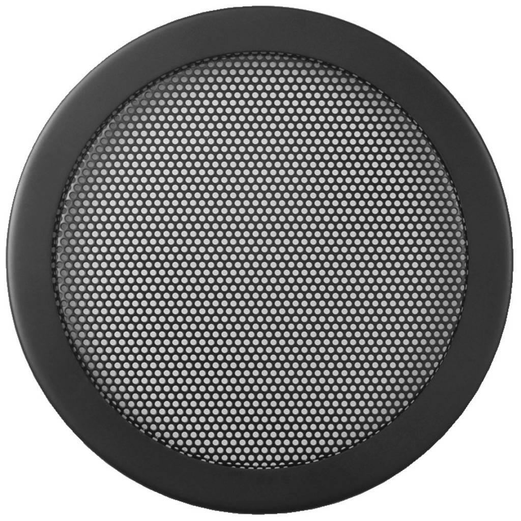 Guľatý reproduktorový kryt s čiernym rámom a rovnomerne rozmiestnenými otvormi, typický pre elektronické audio zariadenia.