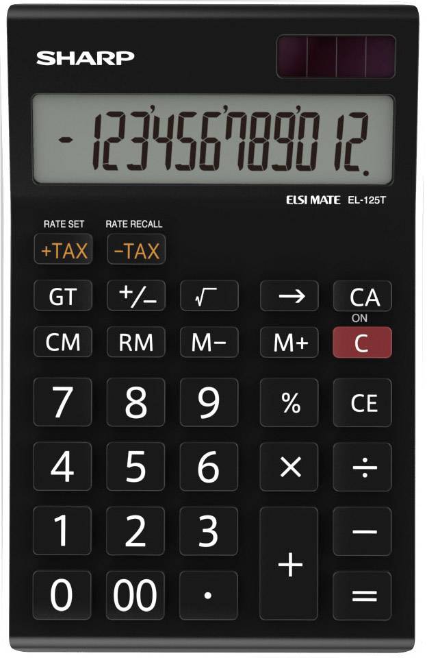 Čierny kalkulátor značky SHARP s displejom zobrazujúcim '-1234567890 12.' S viditelnými tlačidlami pre základné matematické operácie.