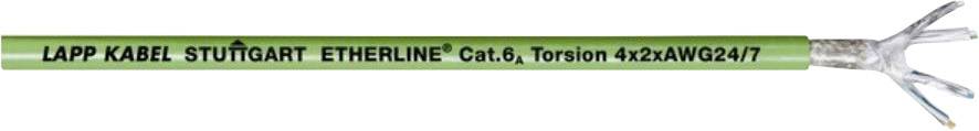 Zelený ethernetový kábel od LAPP KABEL STUTTGART s nápisom 'ETHERLINE Cat.6, Torsion 4x2xAWG24/7', odhalené vodiče vpravo.