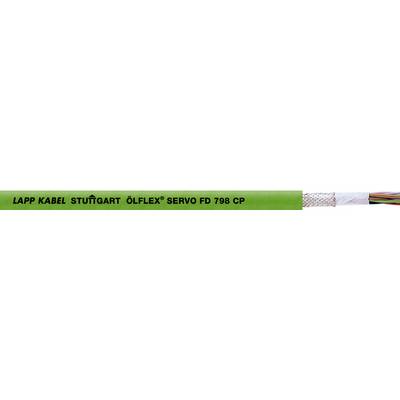 Zelený kábel s nápisom 'Lapp Kabel Stuttgart Ölflex Servo FD 798 CP' zobrazuje niekoľko farebných, tienených vodičov.