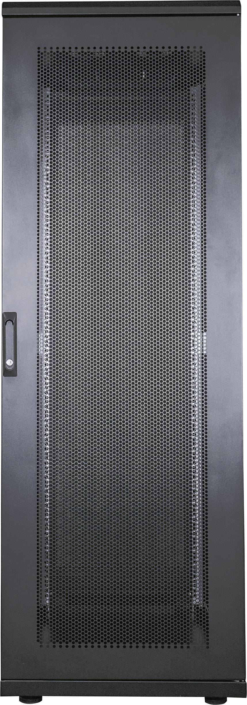 Veľká, čierna serverová skriňa s perforovanými dverami, ideálna pre umiestnenie IT zariadení v dátových centrách.