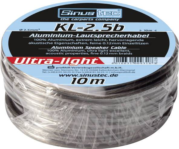 Špulka hliníkového reproduktorového kábla, 10 metrov. Názov produktu: 'KL-2.5b'. Pre akustické aplikácie, ľahký, vodiče 0,12 mm.