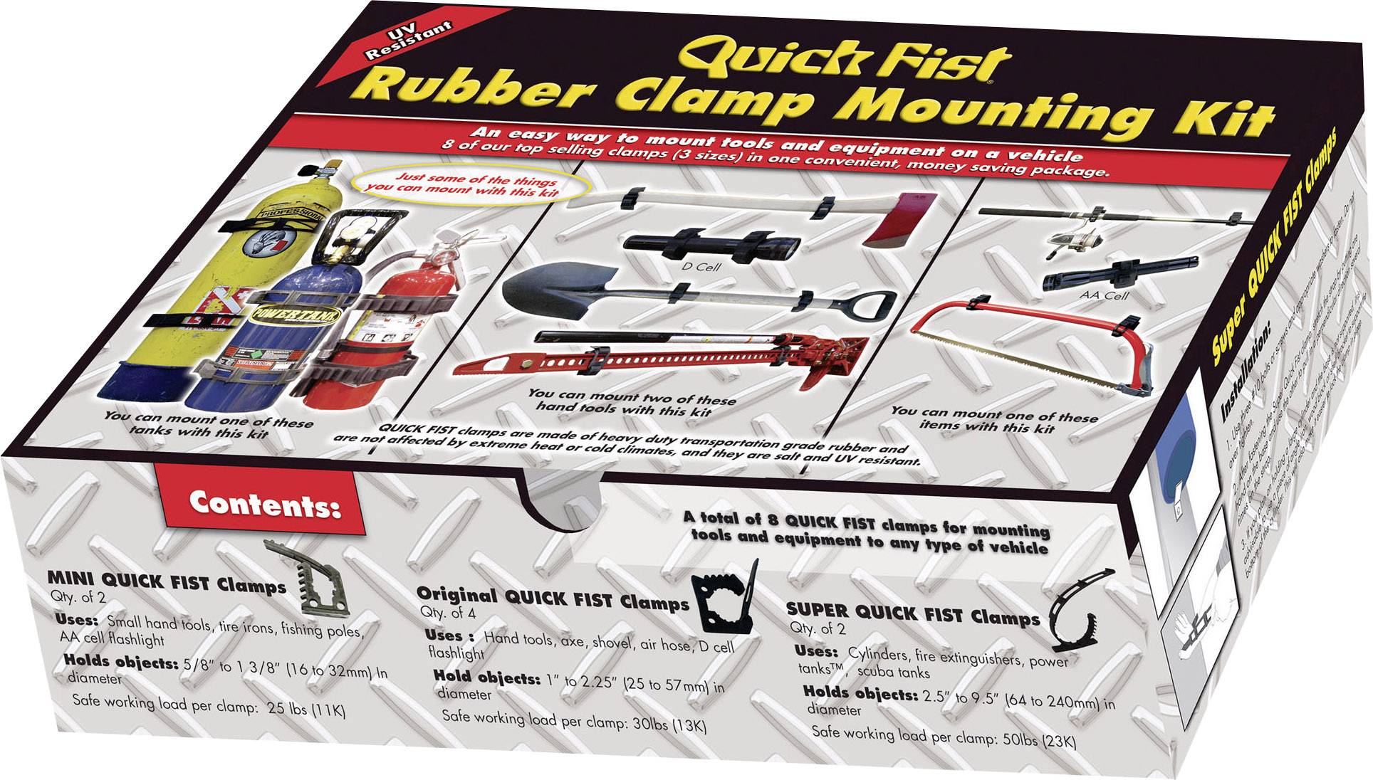 Obal 'Quick Fist Rubber Clamp Mounting Kit', zobrazujúci rôzne nástroje a vybavenie s namontovanými svorkami.