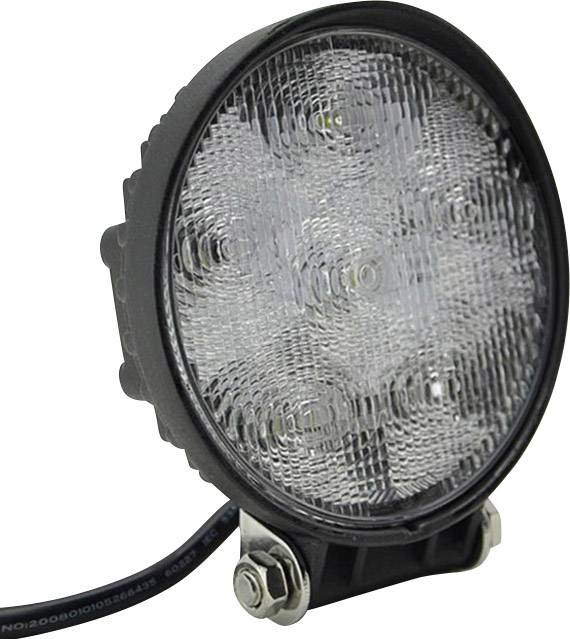 Okrúhle LED svietidlo s čiernym krytom a montážnou konzolou. Vhodné pre osvetľovacie účely vo vozidlách alebo strojoch.