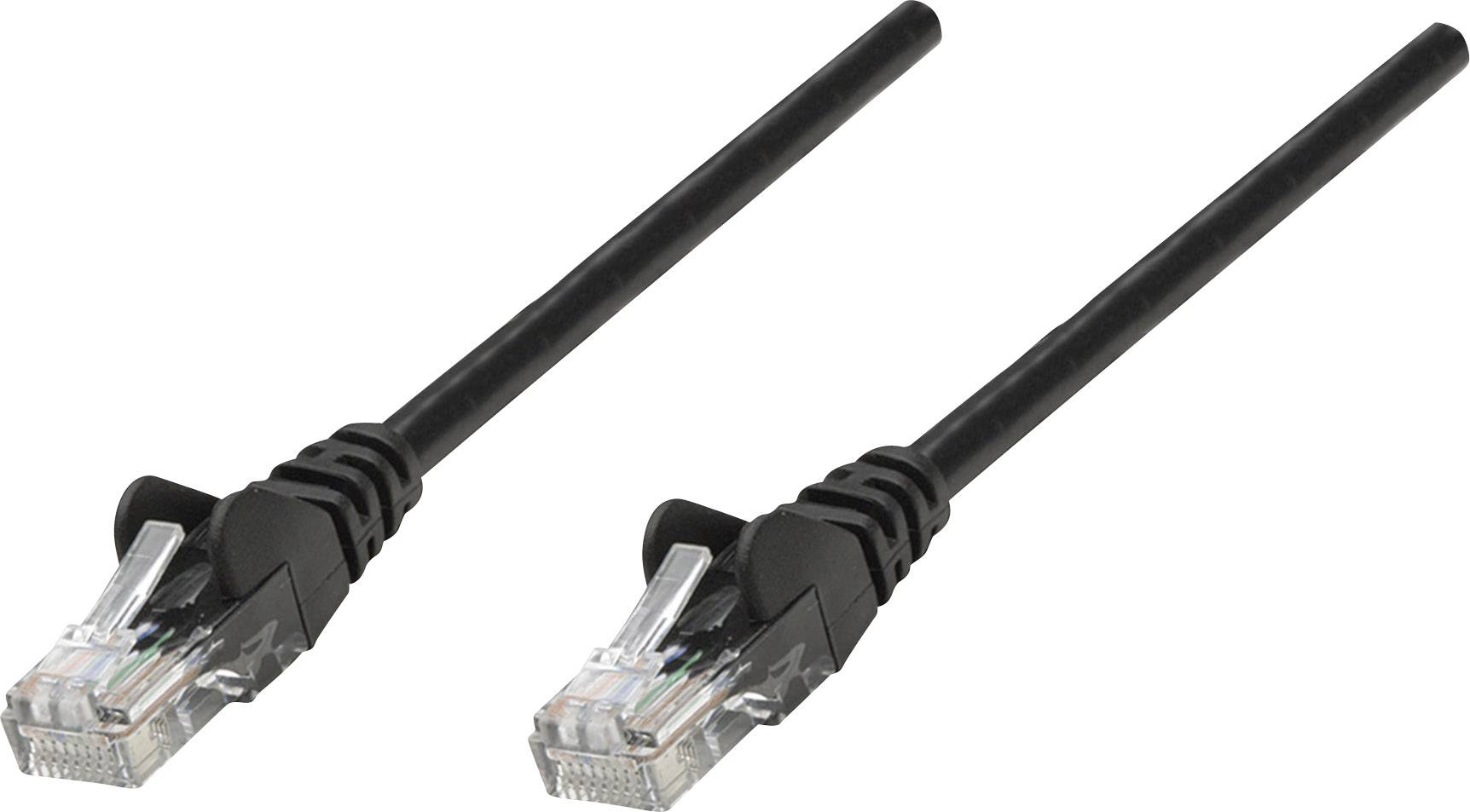 Dva čierne ethernetové káble s priehľadnými konektormi na bielom pozadí.