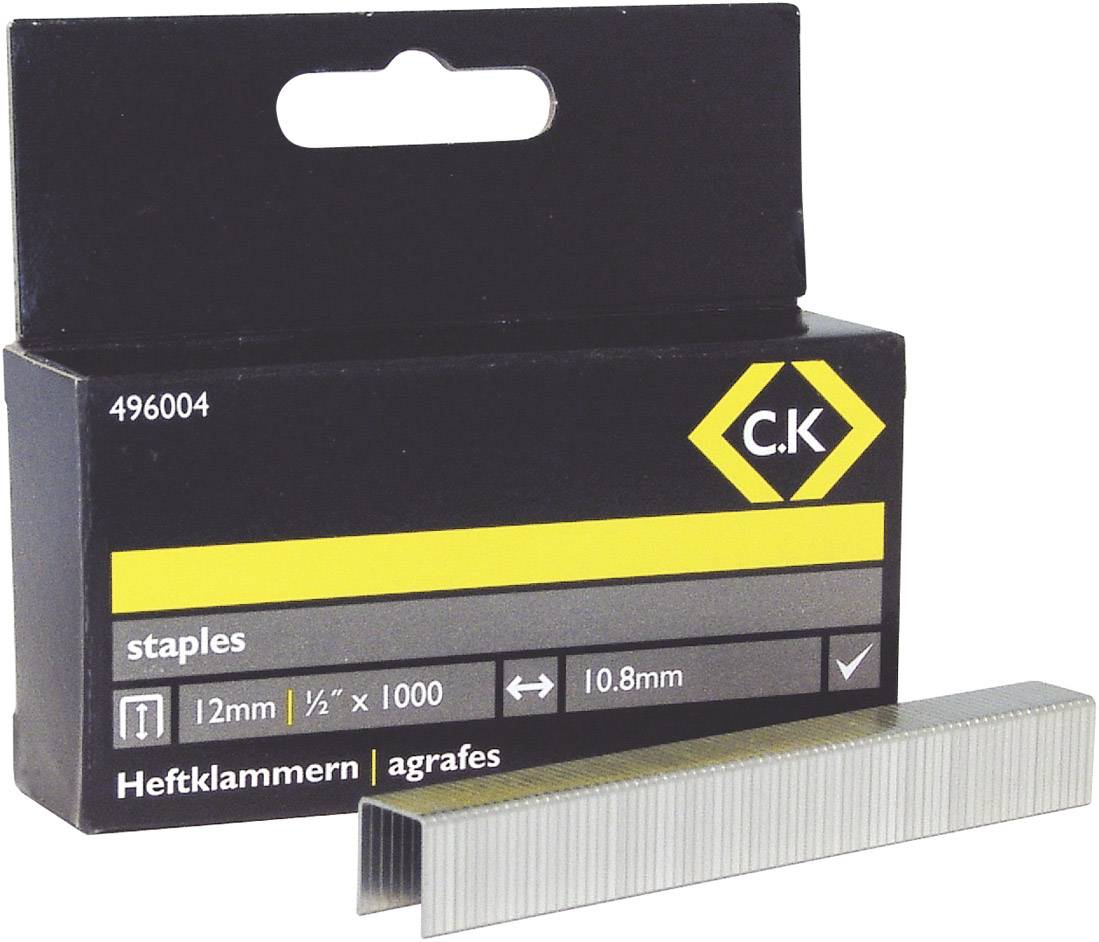 Balenie spiniek, označené ako 'C.K', 12mm, 1/2" x 1000. Jedna spinka leží pred balením.