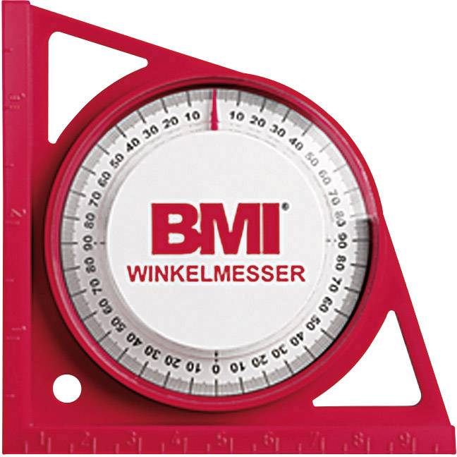 Červený uhlomer s bielym ciferníkom a čiernou stupnicou. V strede ciferníka je napísané 'BMI uhlomer'.
