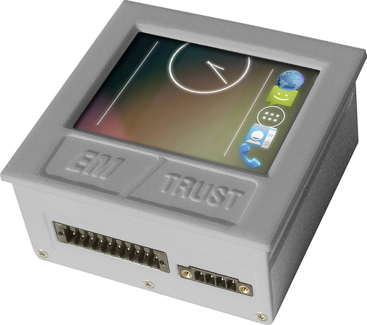 Sivé elektronické zariadenie s obrazovkou zobrazuje symboly a čas. Konektory sa nachádzajú na bočnej strane prístroja.