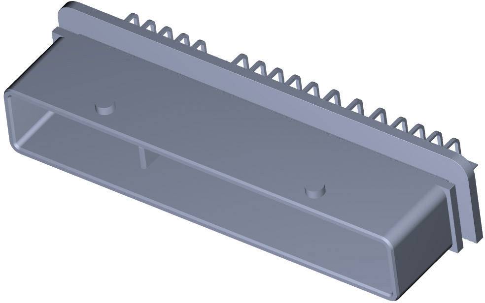 Sivý 3D model obdĺžnikového komponentu so zubaténou hornou hranou, pravdepodobne mechanická alebo elektronická súčiastka.