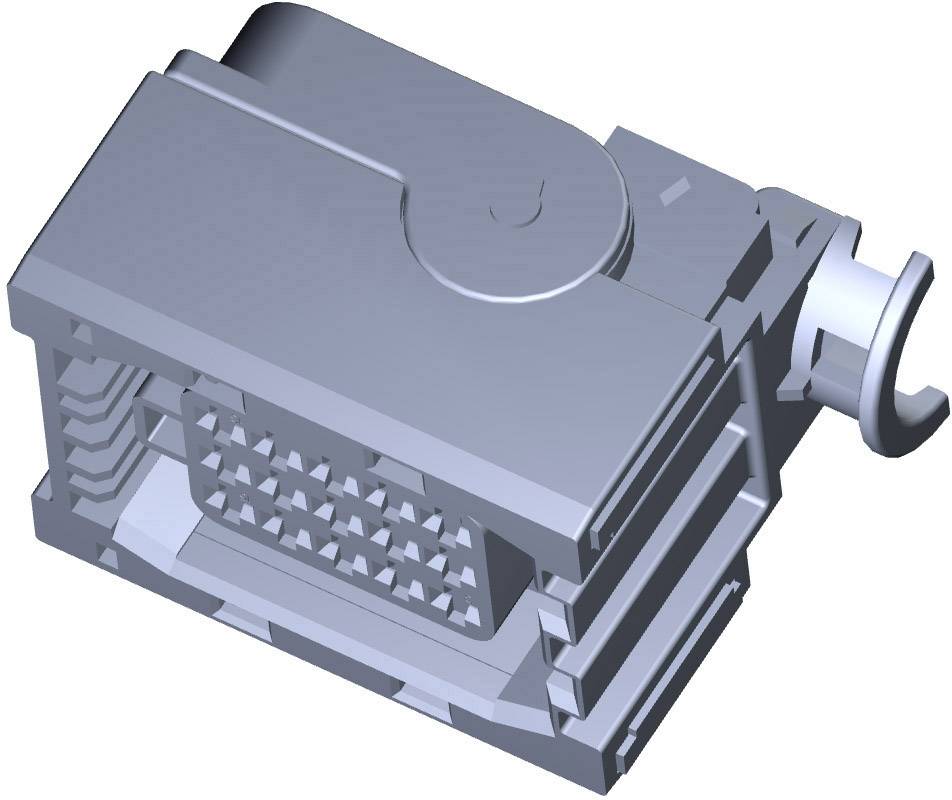 Šedý 3D model mechanickej súčiastky s drážkami a štvorcovým vzorom. Vyzerá ako priemyselná alebo elektronická komponenta.