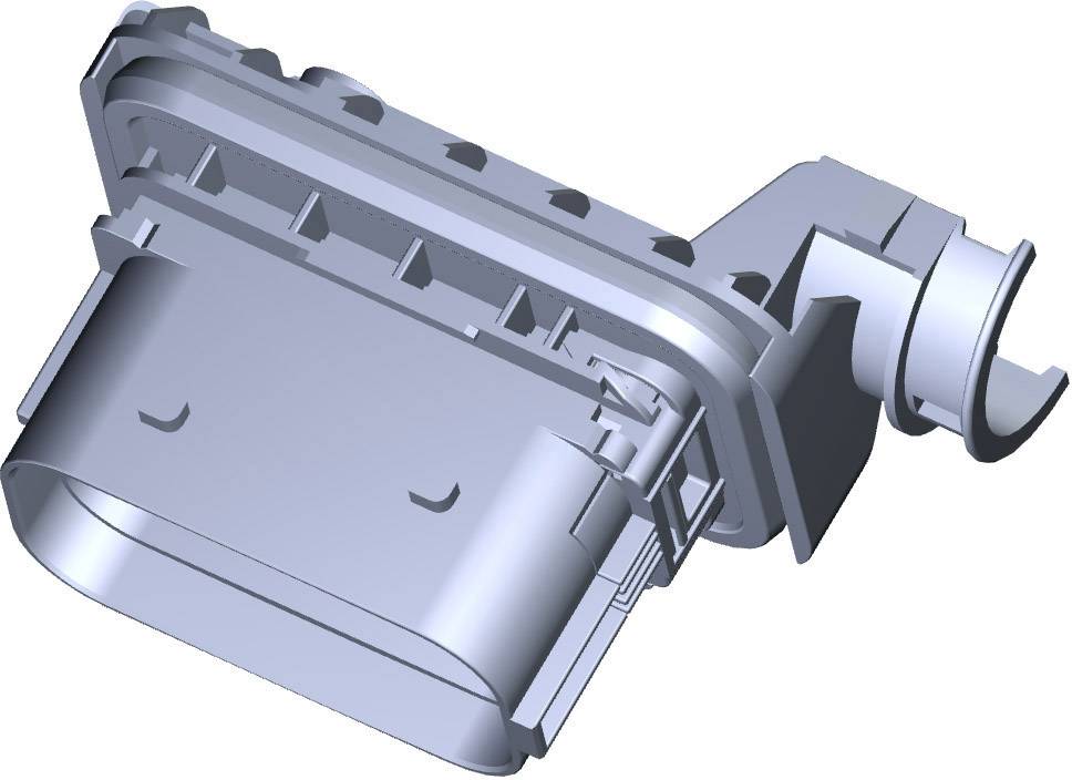 3D model strojnej súčiastky obdĺžnikového tvaru s bočným prívodom potrubia, pravdepodobne mechanická alebo elektrická komponenta.
