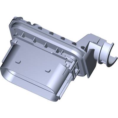 3D model strojnej súčiastky obdĺžnikového tvaru s bočným prívodom potrubia, pravdepodobne mechanická alebo elektrická komponenta.