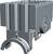Šedý elektrický komponent automatizovaného zariadenia, obdĺžnikového tvaru s viacerými pripojovacími možnosťami a mechanickými detailmi.