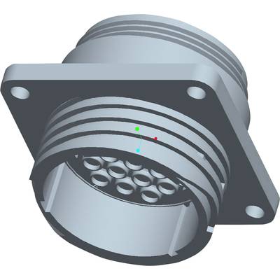 3D model okrúhleho konektorového spoja s viacerými kontaktnými kolíkmi, namontovaný na štvorcovej doske.