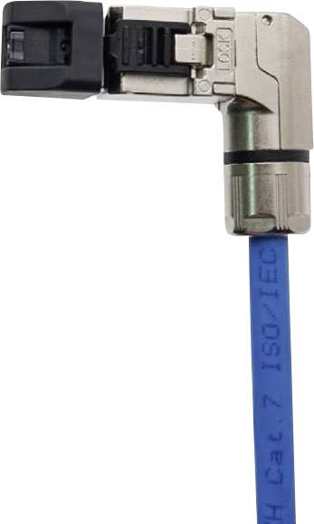 RJ45 konektor s uhlovým tvarom a modrou sieťovou káblovou prípojkou Cat7, vhodný do úzkych priestorov.