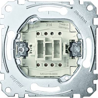 Kovový vložkový spínač, otvorený pohľad, zobrazuje elektrické kontakty a nápisy ako 'merten', '314' a 'made in Germany'.