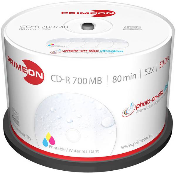 Primeon 2761109 CD-R 80 700 MB 50 ks vreteno možnosť potlače, povrch s vysokým leskom, vodotesný, odolné voči oteru