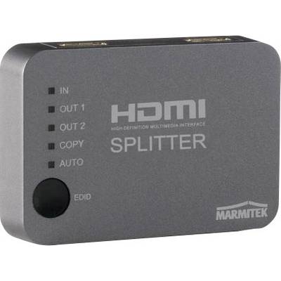 Sivočierny HDMI splitter od Marmitek s portami pre IN, OUT 1, OUT 2, COPY a AUTO.
