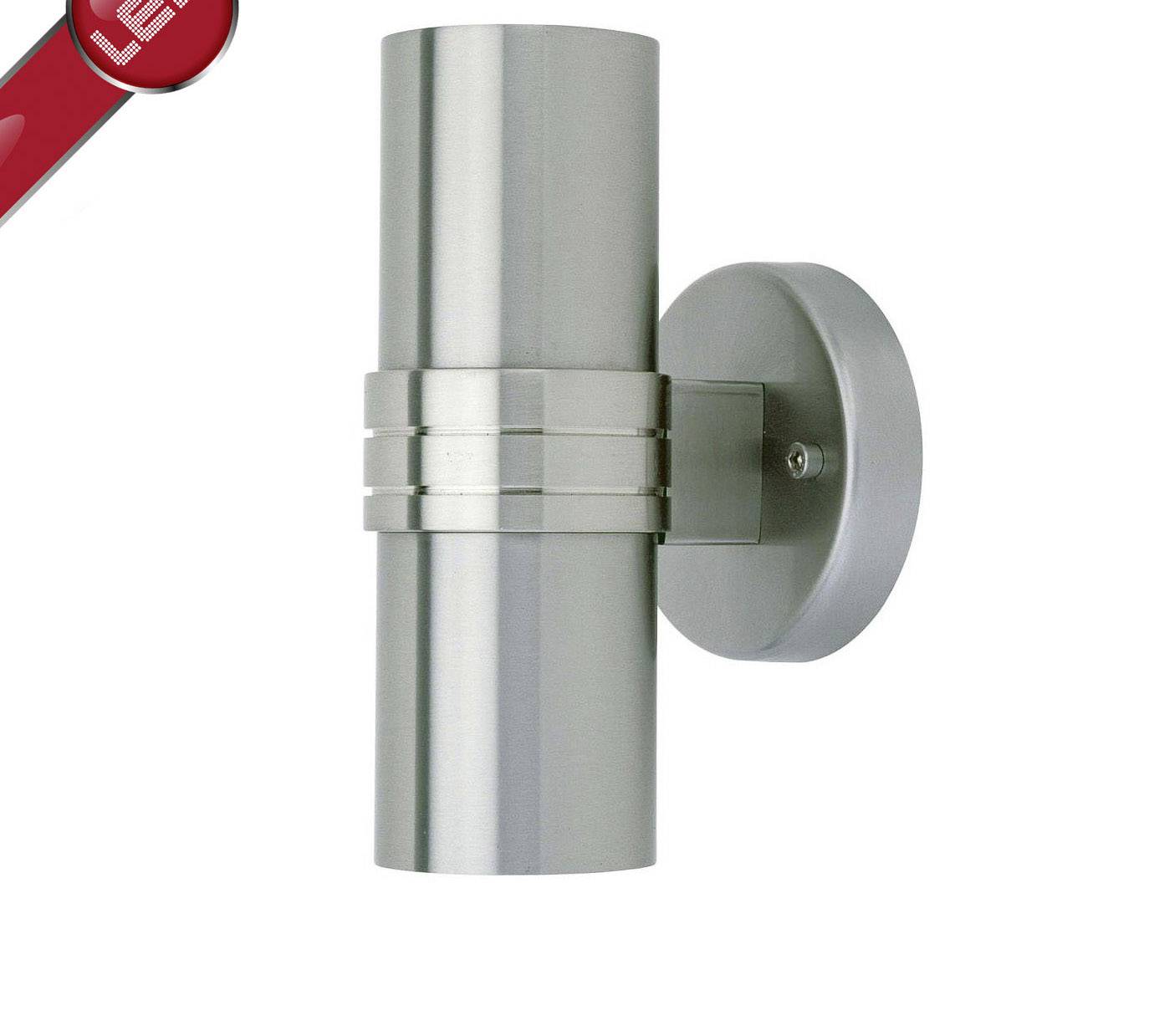 Moderná valcovitá strieborná vonkajšia nástenná lampa s nálepkou 'LED'.