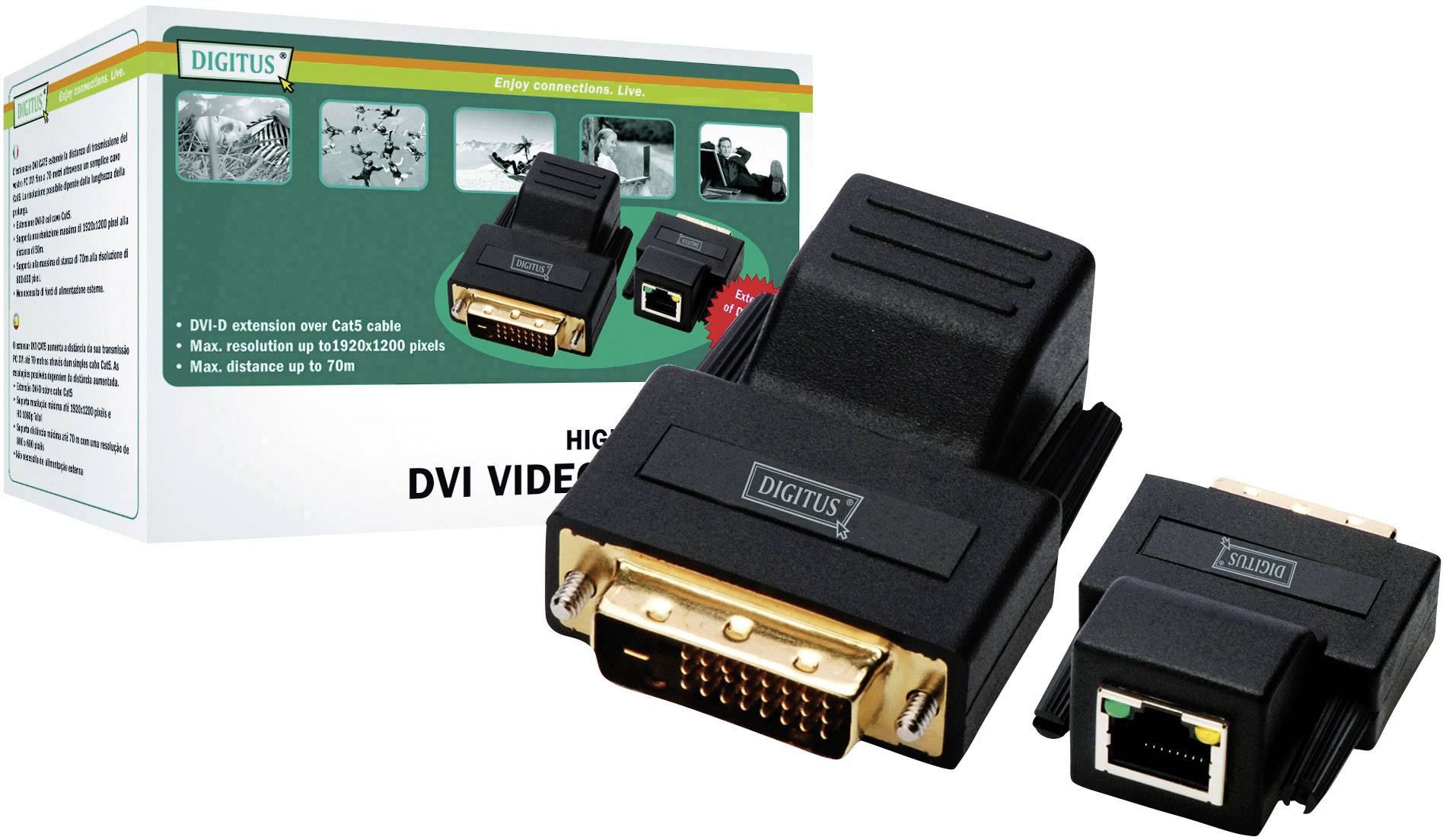 Obal 'DIGITUS DVI Video Extender' so zobrazeným adaptérom pre predĺženie sieťového kábla na prenos video signálov.
